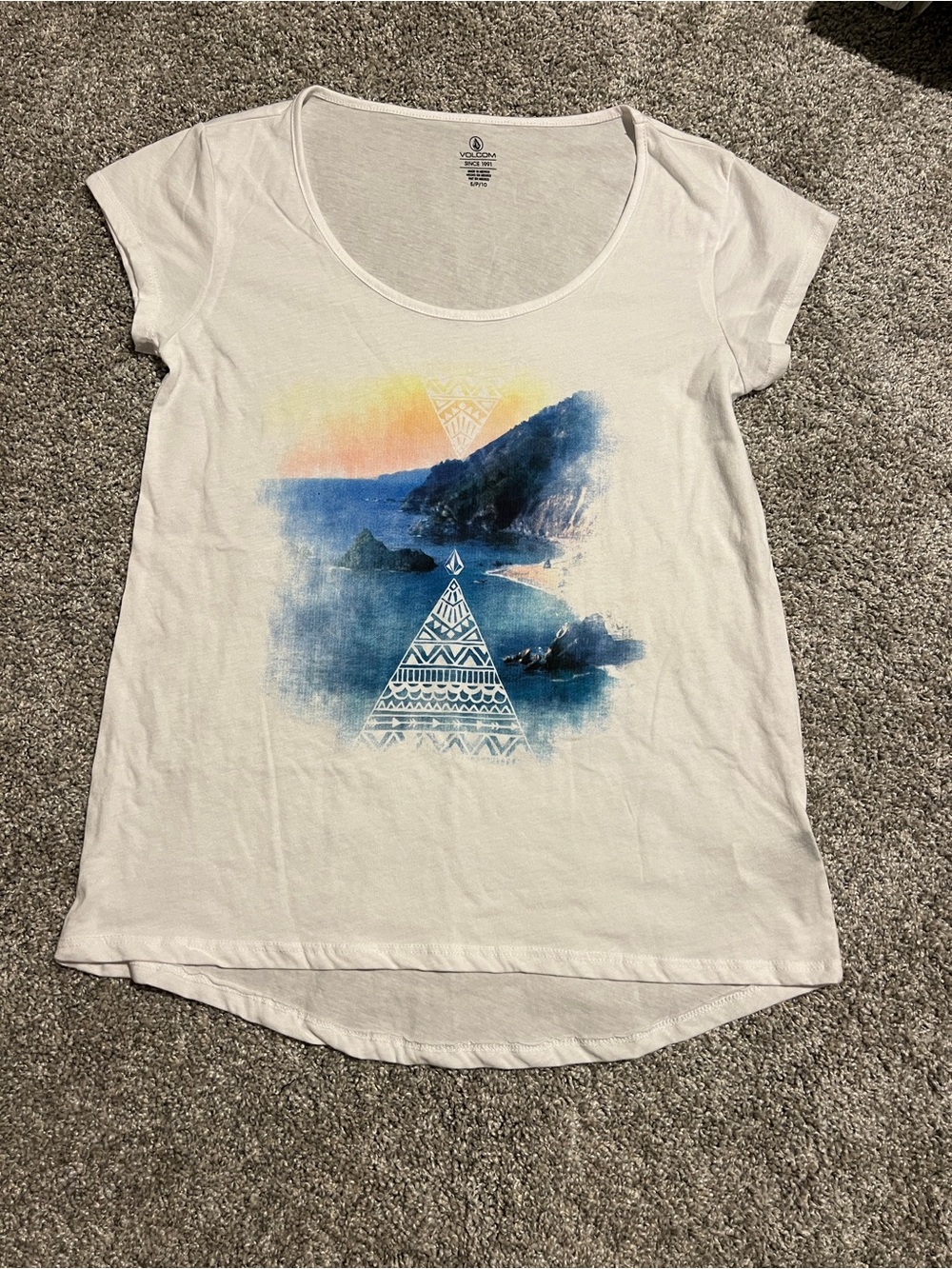 Volcom White Tee with Blue and Yellow Coastal Graphic